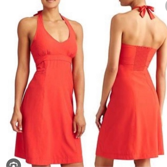 Athleta Pack Everywhere Halter Dress 12 Tall Barbie Pink Fit & Flared V Neck FF - Picture 4 of 11